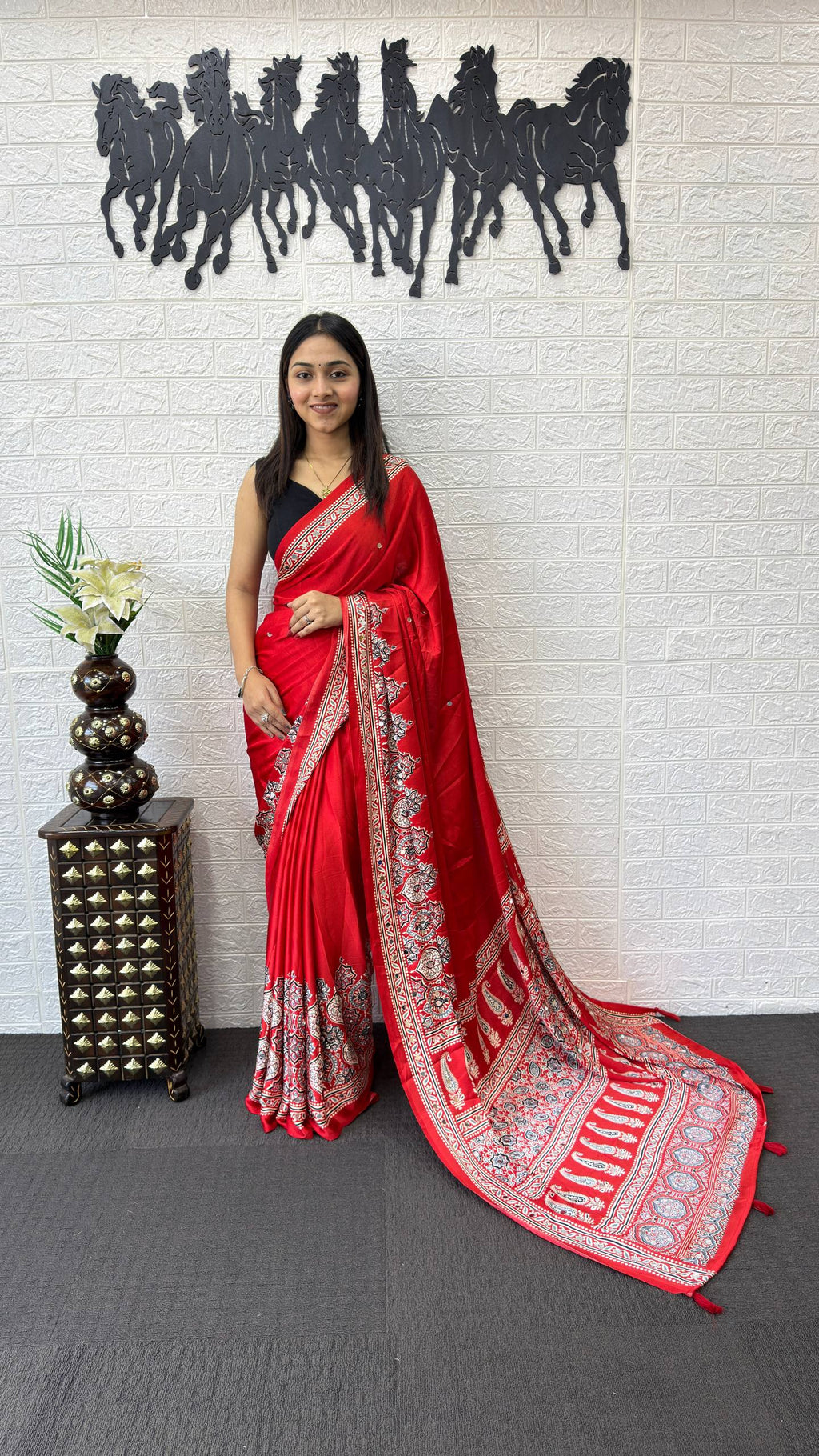 RED AJRAKH GAJI SILK SAREE WITH MIRROR WORK