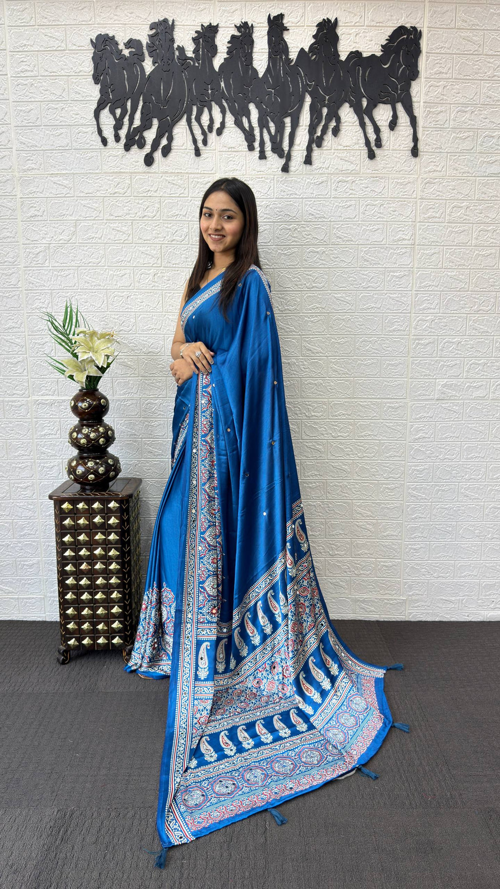 MORE PEACH AJRAKH GAJI SILK SAREE WITH MIRROR WORK