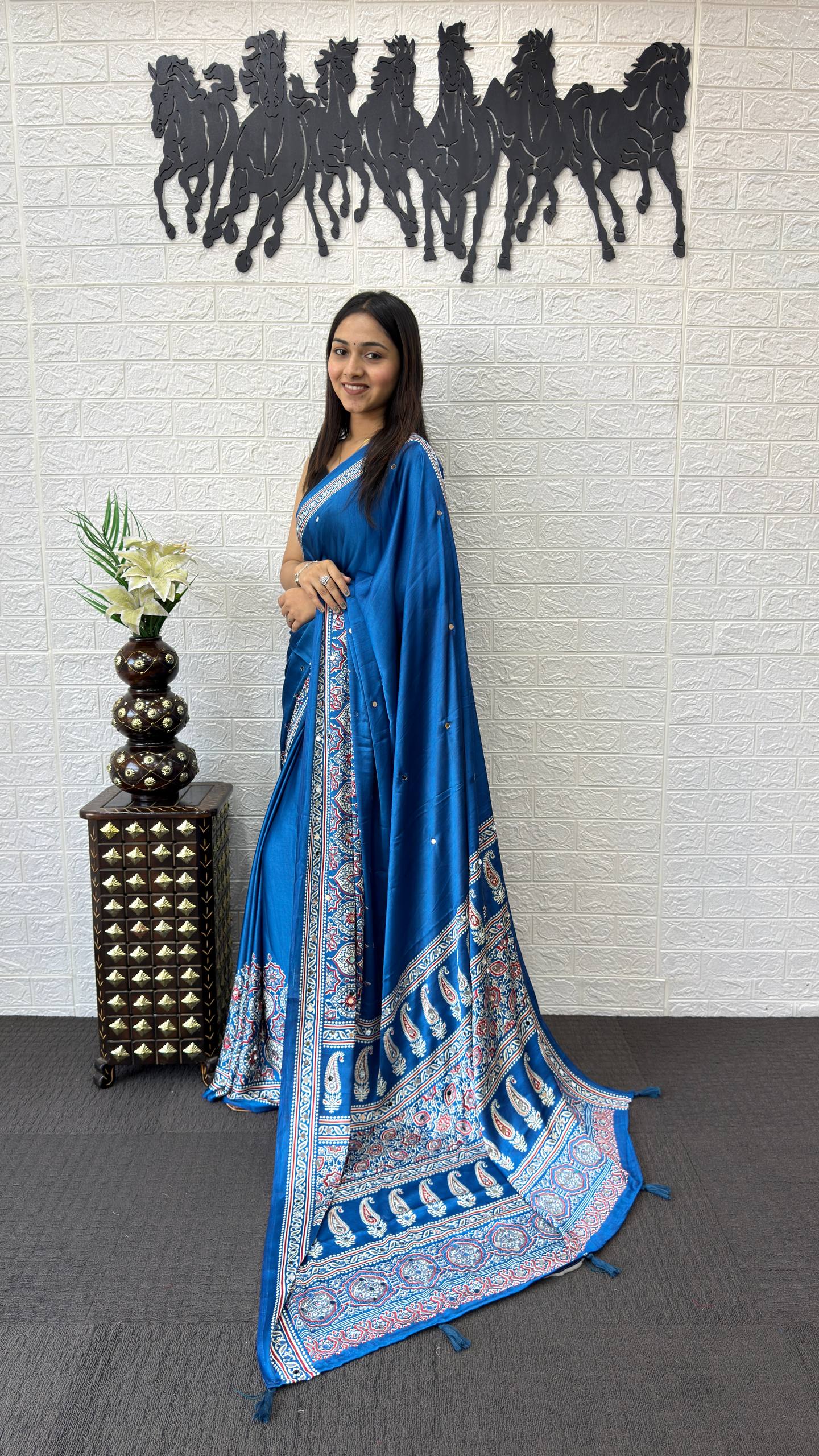 MORE PEACH AJRAKH GAJI SILK SAREE WITH MIRROR WORK