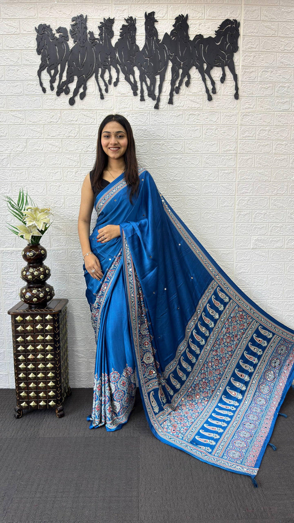 MORE PEACH AJRAKH GAJI SILK SAREE WITH MIRROR WORK