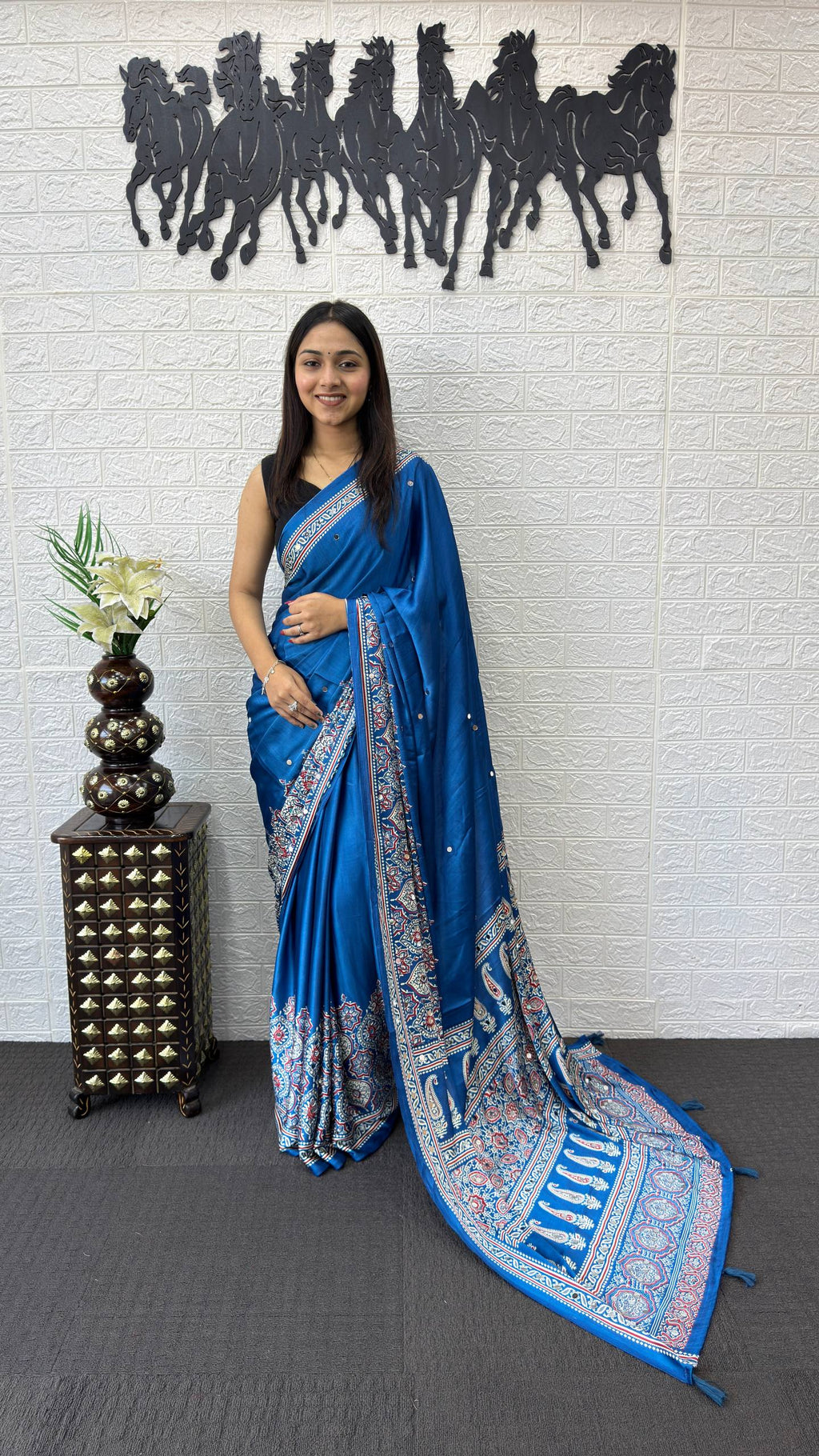 MORE PEACH AJRAKH GAJI SILK SAREE WITH MIRROR WORK