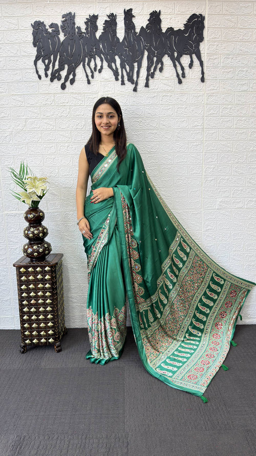 BOTTLE GREEN AJRAKH GAJI SILK SAREE