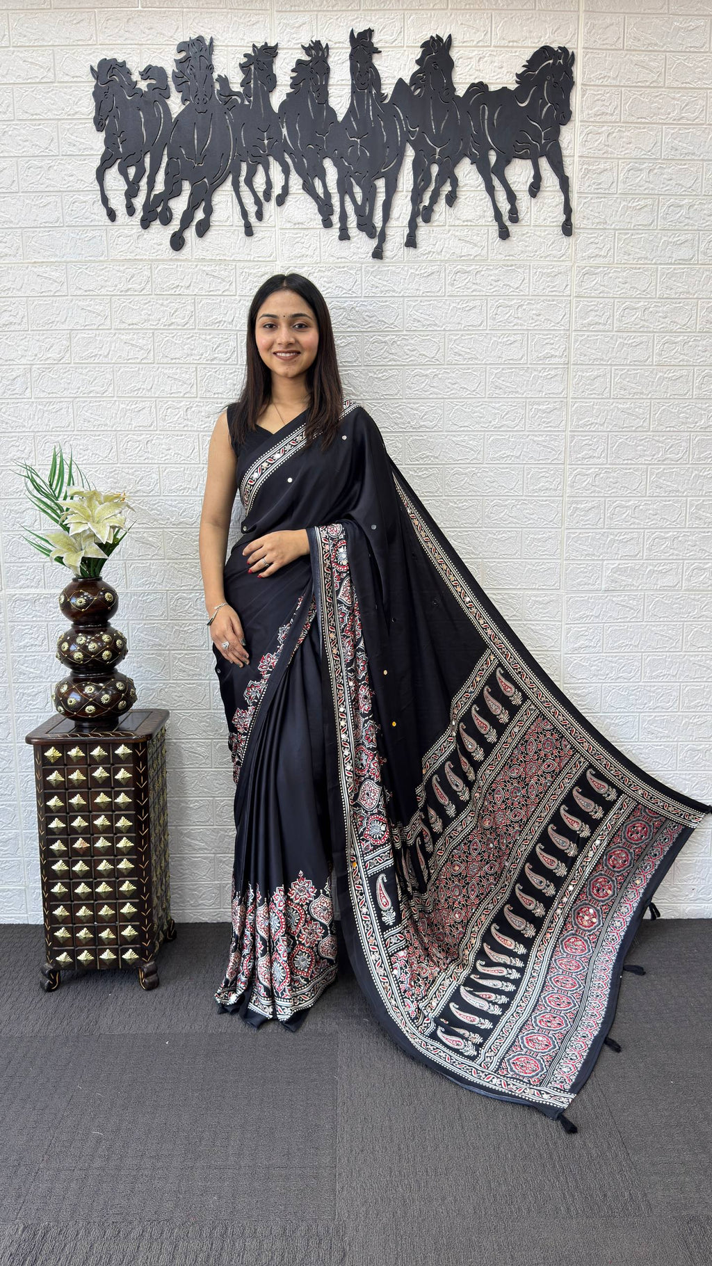 BLACK AJRAKH GAJI SILK SAREE WITH MIRROR WORK