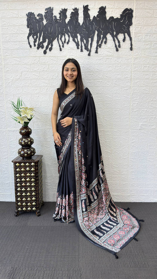 BLACK AJRAKH GAJI SILK SAREE WITH MIRROR WORK