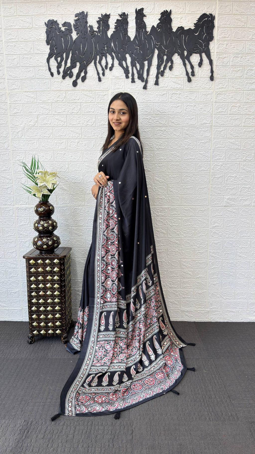 BLACK AJRAKH GAJI SILK SAREE WITH MIRROR WORK