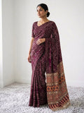 WINE AJRAKH SILK SAREE WITH  MIRROR WORK ALL OVER SAREE WITH DESGINER MIRROR LACE AT PALLU