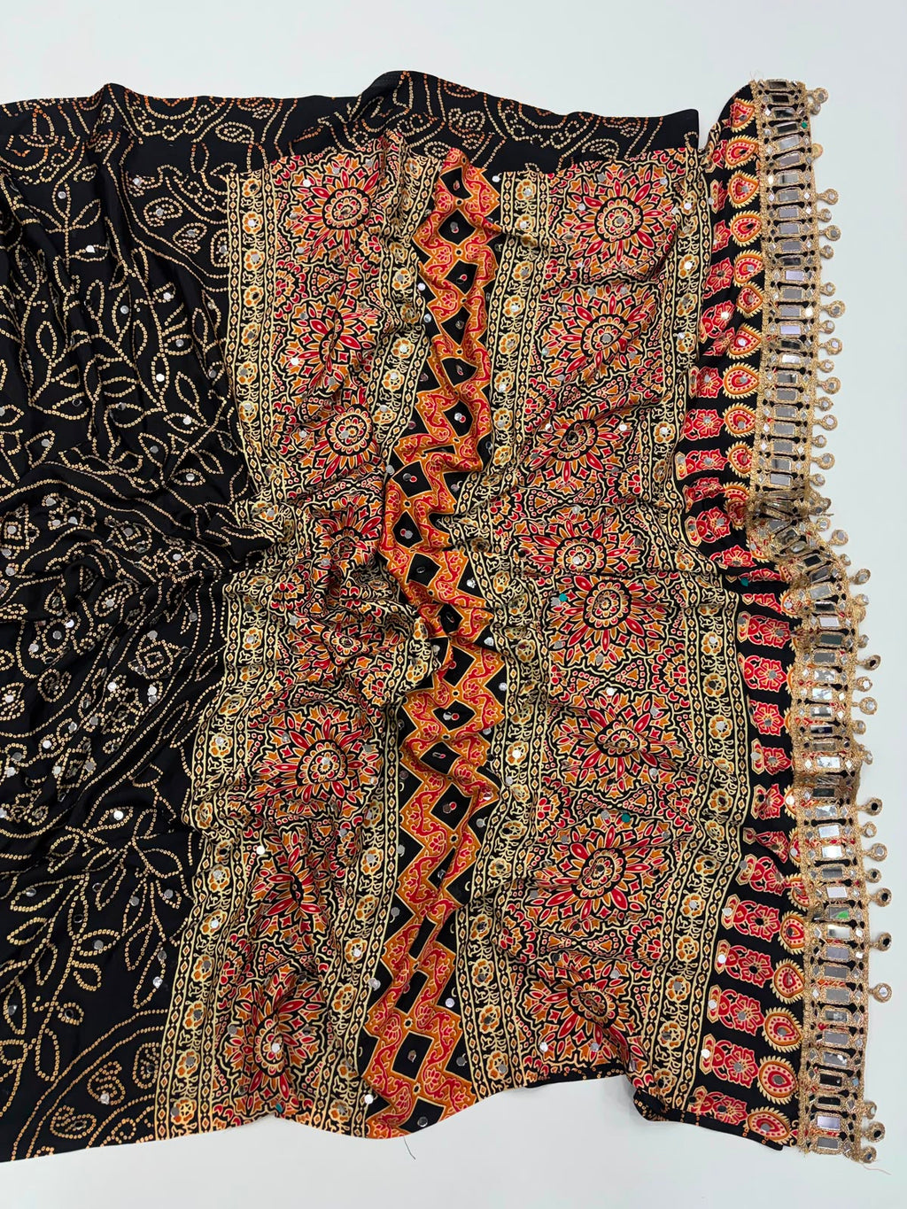 BLACK AJRAKH SILK SAREE WITH  MIRROR WORK ALL OVER SAREE WITH DESGINER MIRROR LACE AT PALLU