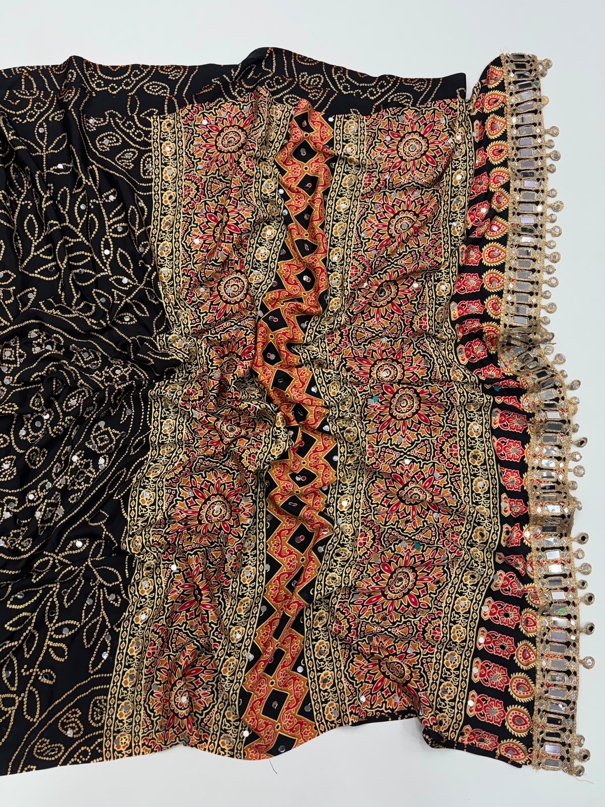 BLACK AJRAKH SILK SAREE WITH  MIRROR WORK ALL OVER SAREE WITH DESGINER MIRROR LACE AT PALLU