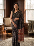 BLACK AJRAKH SILK SAREE WITH  MIRROR WORK ALL OVER SAREE WITH DESGINER MIRROR LACE AT PALLU