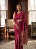 PINK AJRAKH SILK SAREE WITH  MIRROR WORK ALL OVER SAREE WITH DESGINER MIRROR LACE AT PALLU