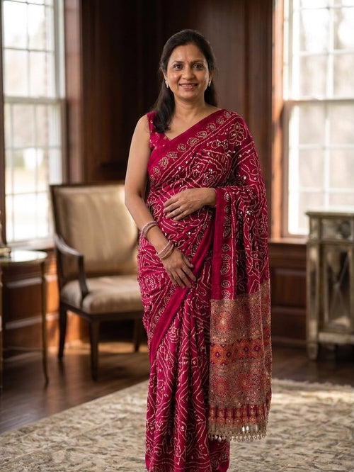 PINK AJRAKH SILK SAREE WITH  MIRROR WORK ALL OVER SAREE WITH DESGINER MIRROR LACE AT PALLU