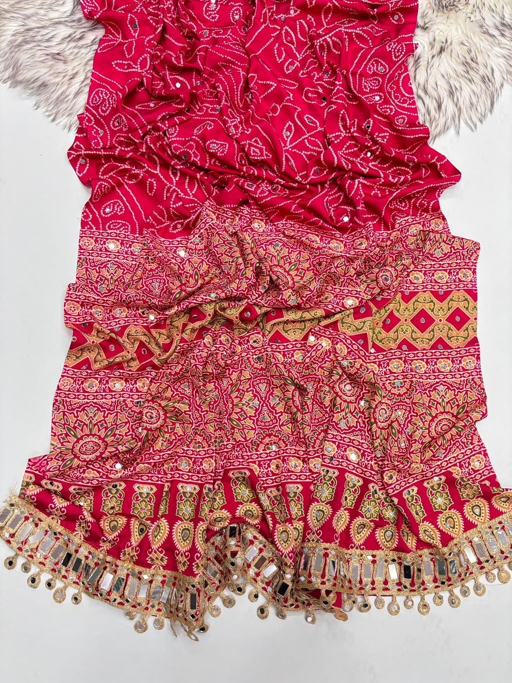 PINK AJRAKH SILK SAREE WITH  MIRROR WORK ALL OVER SAREE WITH DESGINER MIRROR LACE AT PALLU