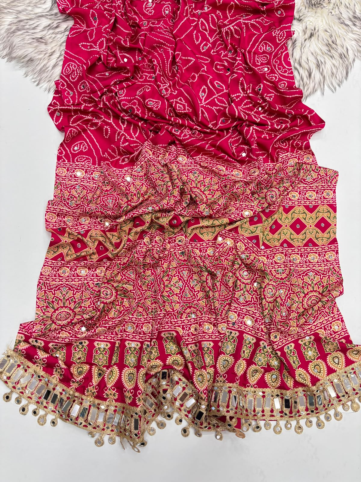 PINK AJRAKH SILK SAREE WITH  MIRROR WORK ALL OVER SAREE WITH DESGINER MIRROR LACE AT PALLU