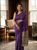 PURPLE AJRAKH SILK SAREE WITH  MIRROR WORK ALL OVER SAREE WITH DESGINER MIRROR LACE AT PALLU