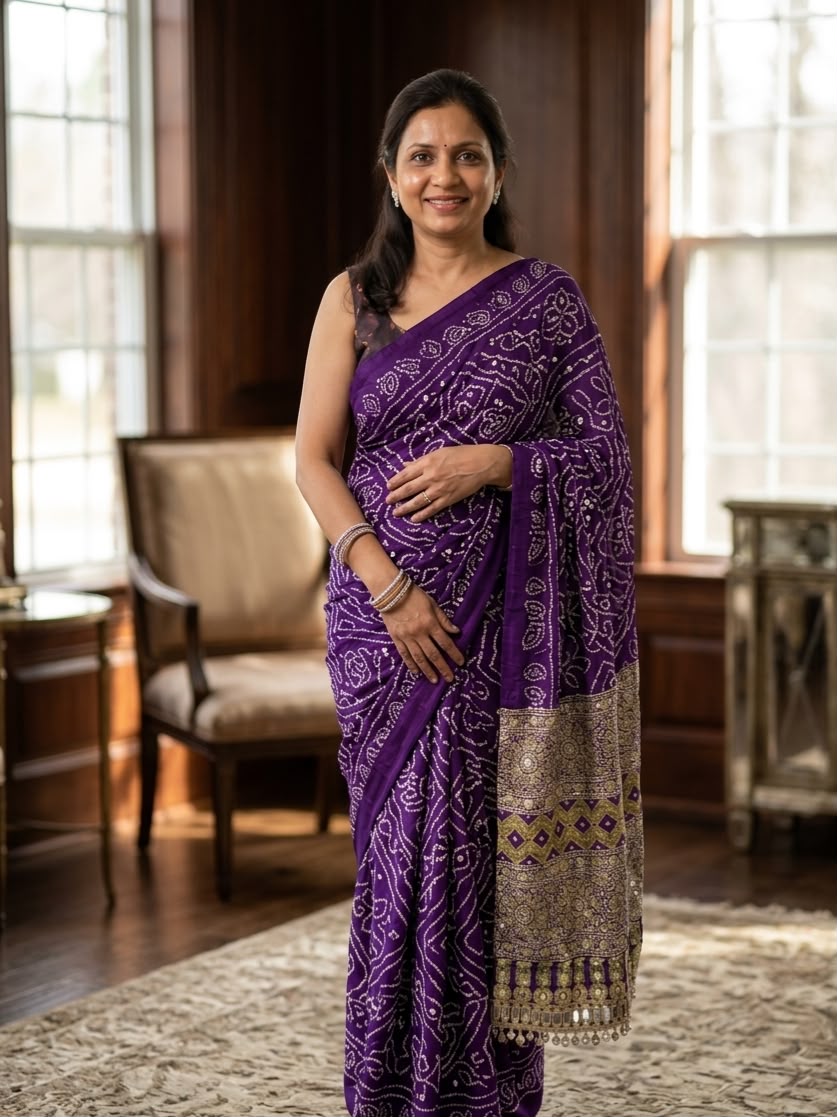 PURPLE AJRAKH SILK SAREE WITH  MIRROR WORK ALL OVER SAREE WITH DESGINER MIRROR LACE AT PALLU