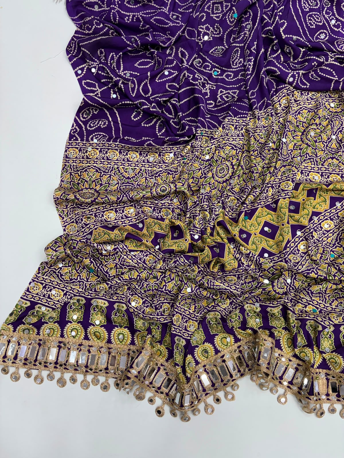 PURPLE AJRAKH SILK SAREE WITH  MIRROR WORK ALL OVER SAREE WITH DESGINER MIRROR LACE AT PALLU