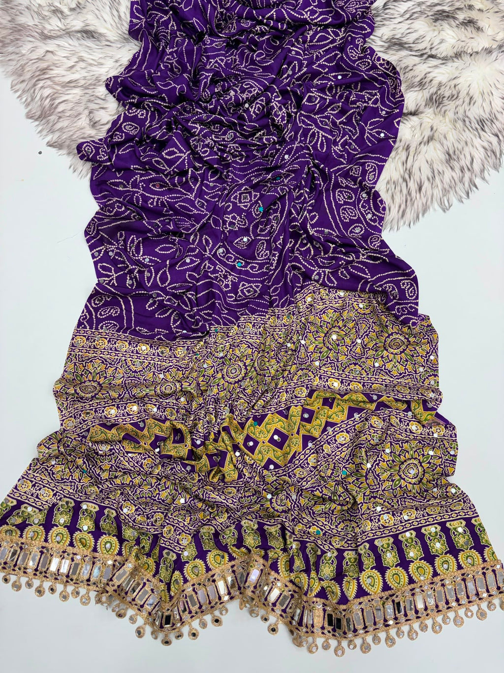 PURPLE AJRAKH SILK SAREE WITH  MIRROR WORK ALL OVER SAREE WITH DESGINER MIRROR LACE AT PALLU