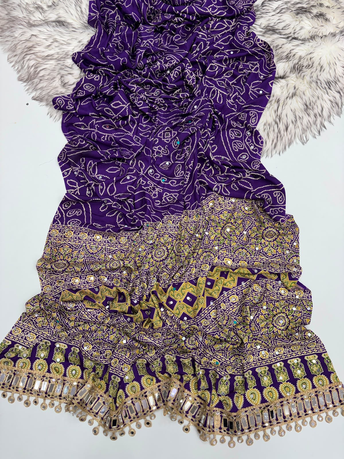 PURPLE AJRAKH SILK SAREE WITH  MIRROR WORK ALL OVER SAREE WITH DESGINER MIRROR LACE AT PALLU