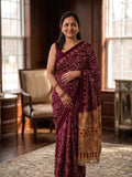 WINE AJRAKH SILK SAREE WITH  MIRROR WORK ALL OVER SAREE WITH DESGINER MIRROR LACE AT PALLU