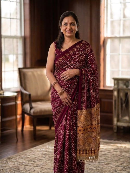 WINE AJRAKH SILK SAREE WITH  MIRROR WORK ALL OVER SAREE WITH DESGINER MIRROR LACE AT PALLU