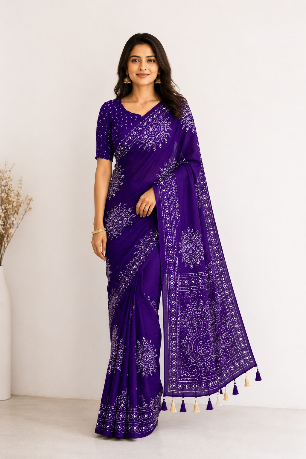 VIOLET AJRAKH BANDHANI PRINT MIRROR WORK SAREE