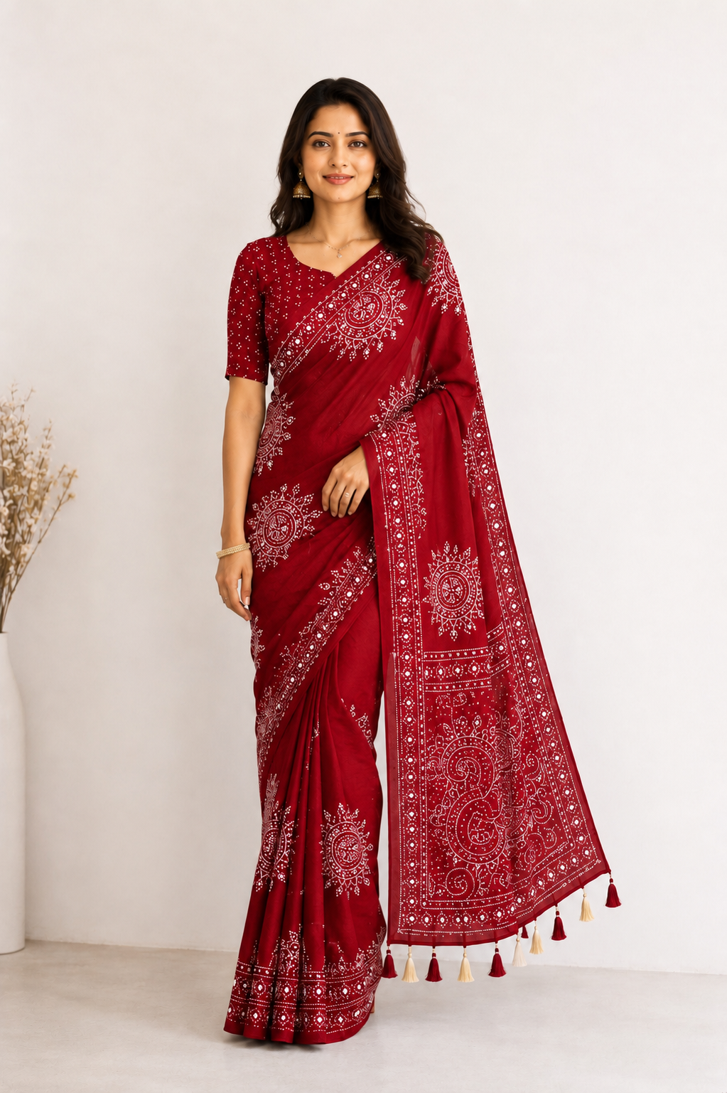 RED AJRAKH BANDHANI PRINT MIRROR WORK SAREE