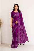 PURPLE AJRAKH BANDHANI PRINT MIRROR WORK SAREE
