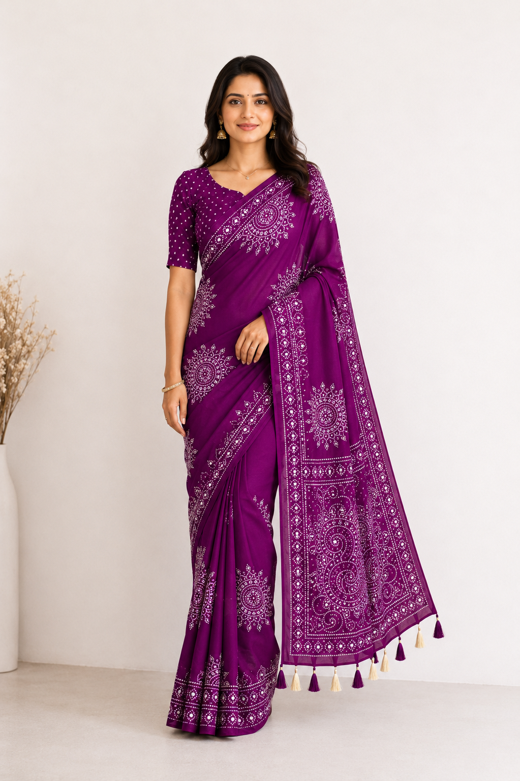 PURPLE AJRAKH BANDHANI PRINT MIRROR WORK SAREE
