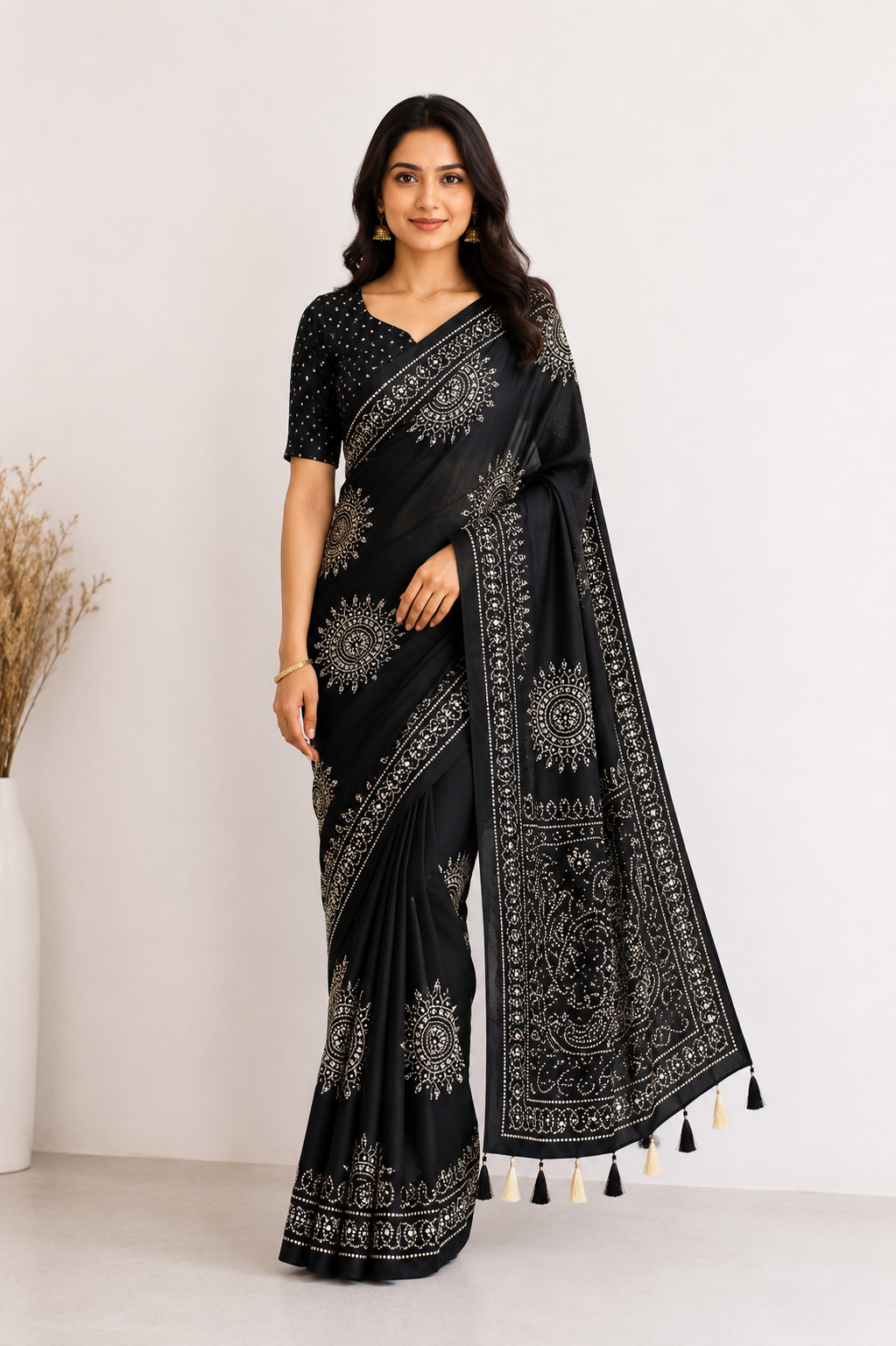 BLACK AJRAKH BANDHANI PRINT MIRROR WORK SAREE