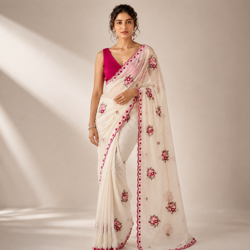 OFF-WHITE STAR GEORGETTE MULTI EMBROIDERED WOEK SAREE WITH CONTRAST BLOUSE