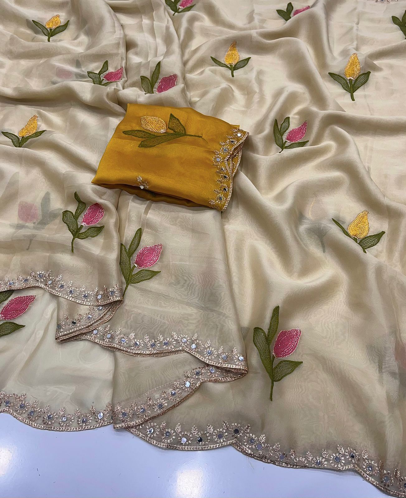 Light Yellow Rangoli Silk Saree With Embroidery