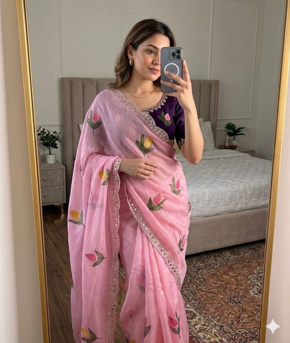 Pink Rangoli Silk Saree With Embroidery