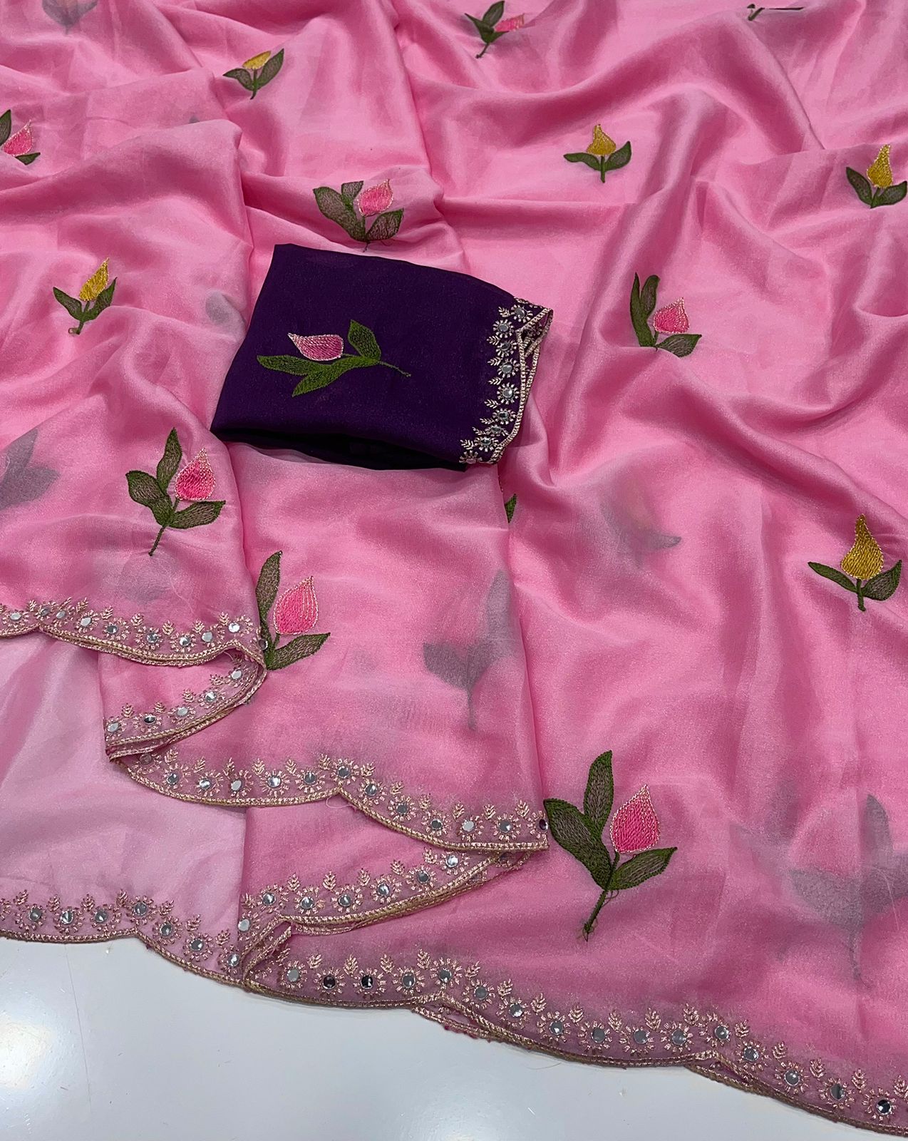 Pink Rangoli Silk Saree With Embroidery