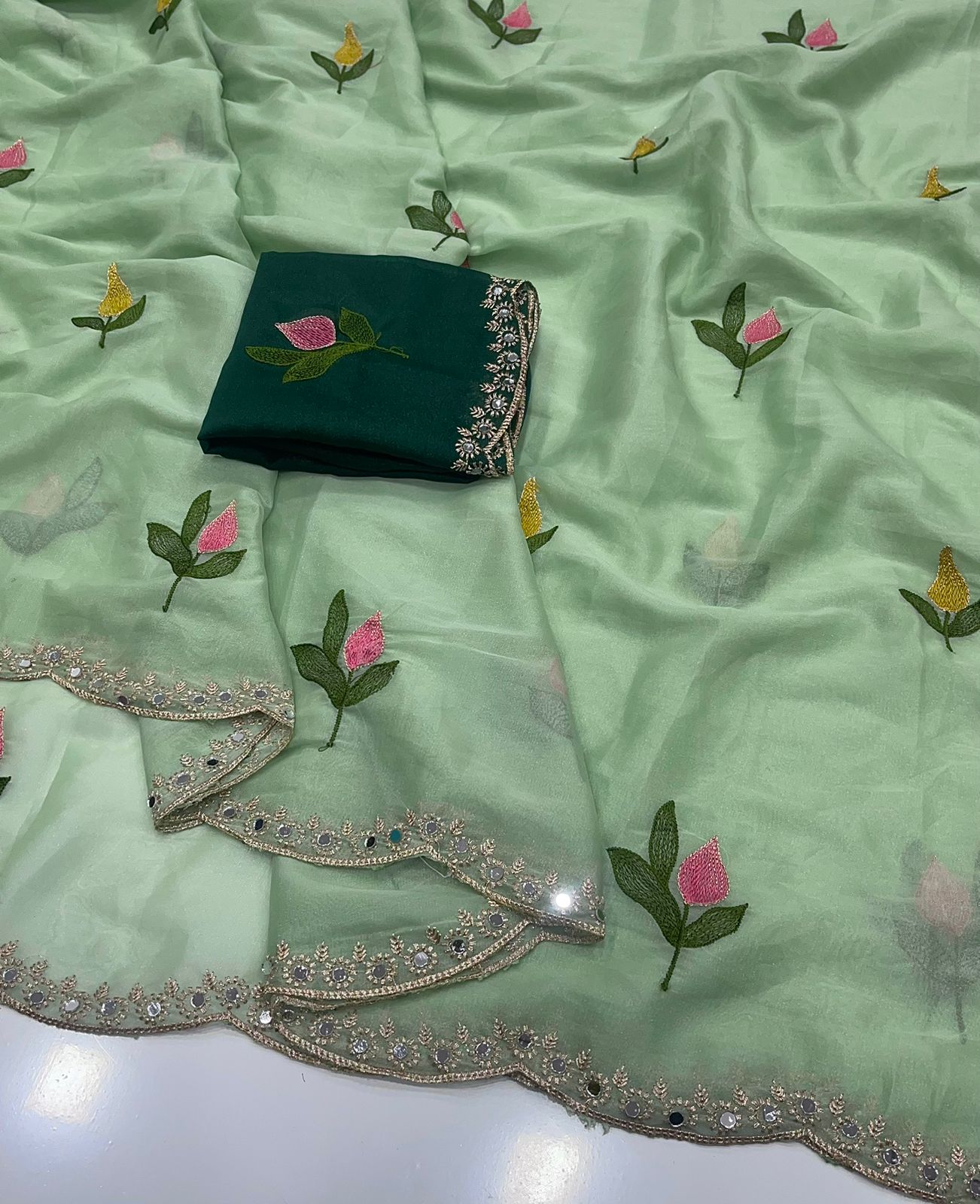 Mint Green Rangoli Silk Saree With Embroidery