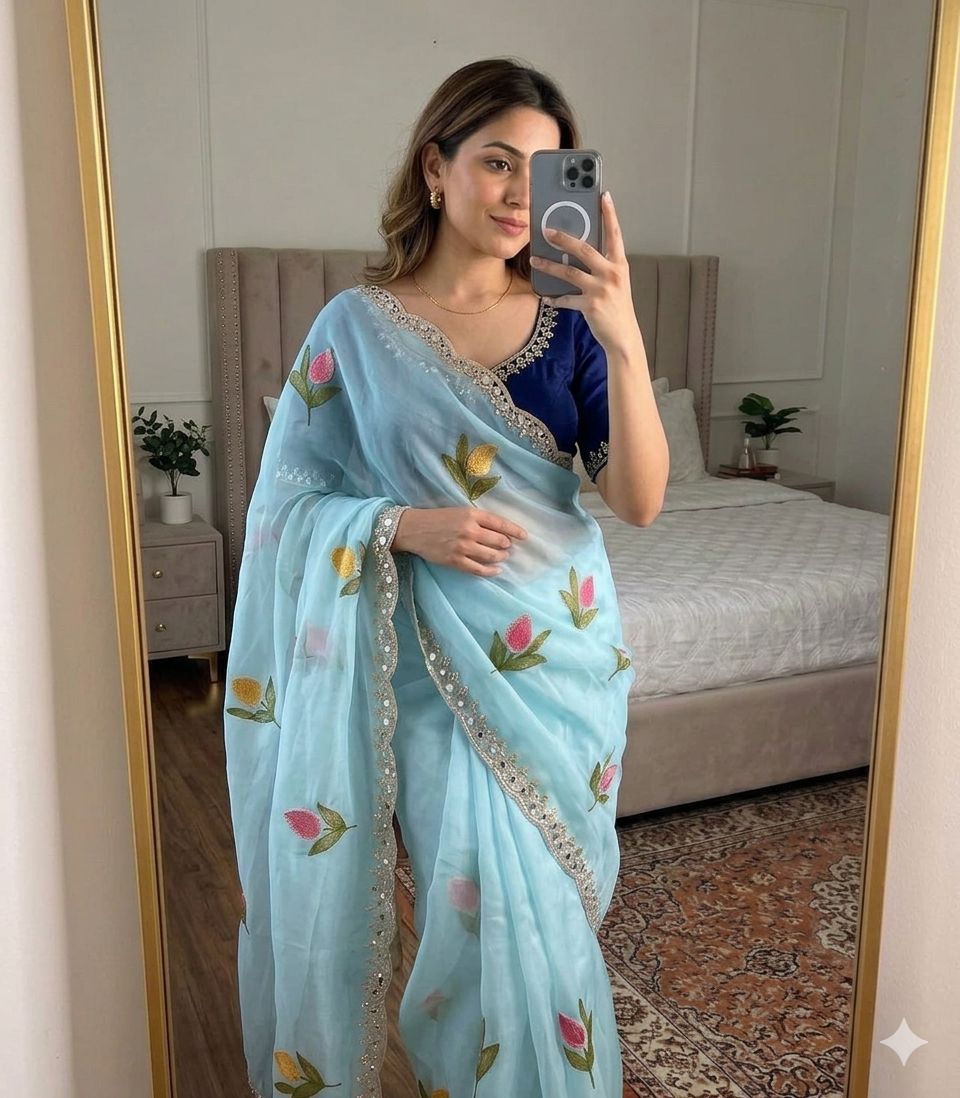 Sky Blue Rangoli Silk Saree With Embroidery