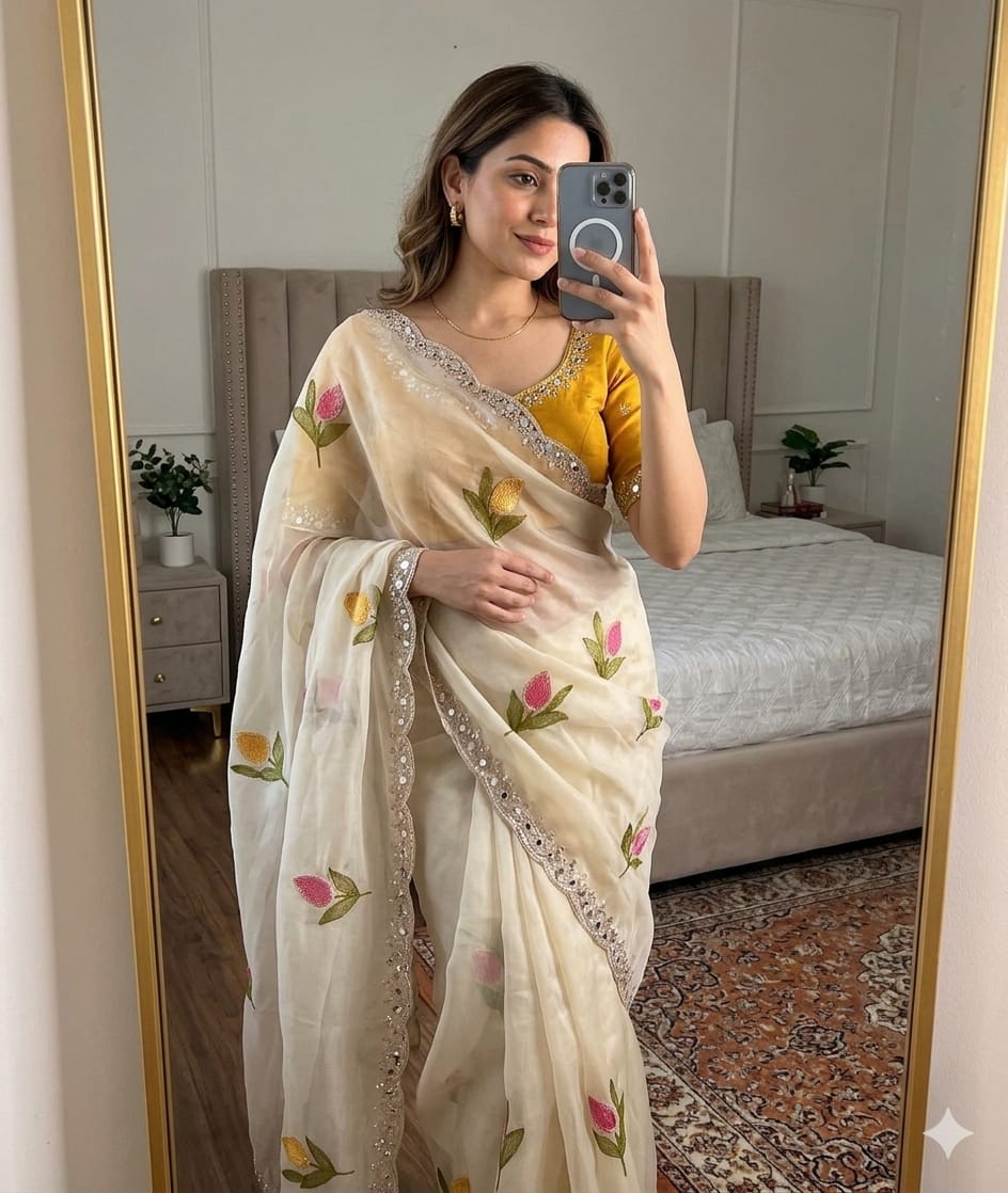 Light Yellow Rangoli Silk Saree With Embroidery