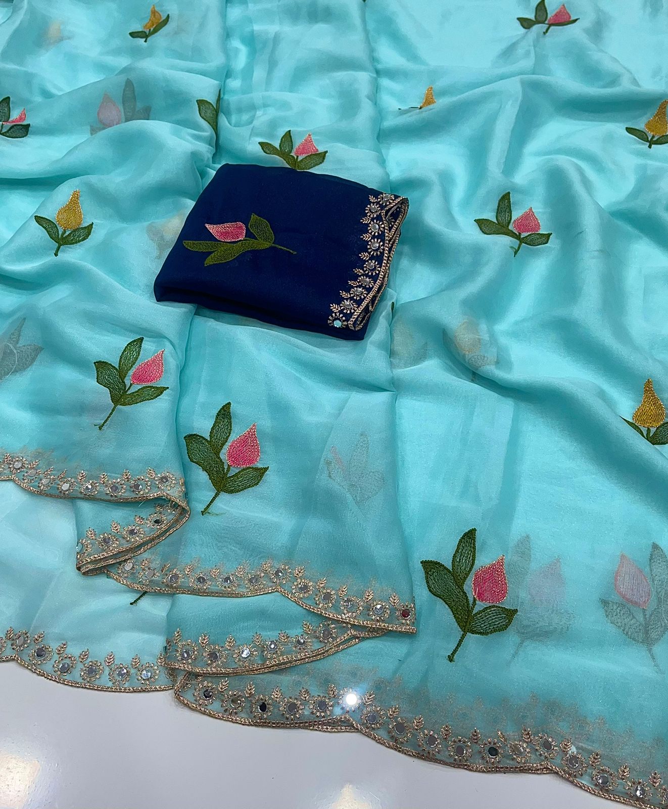 Sky Blue Rangoli Silk Saree With Embroidery
