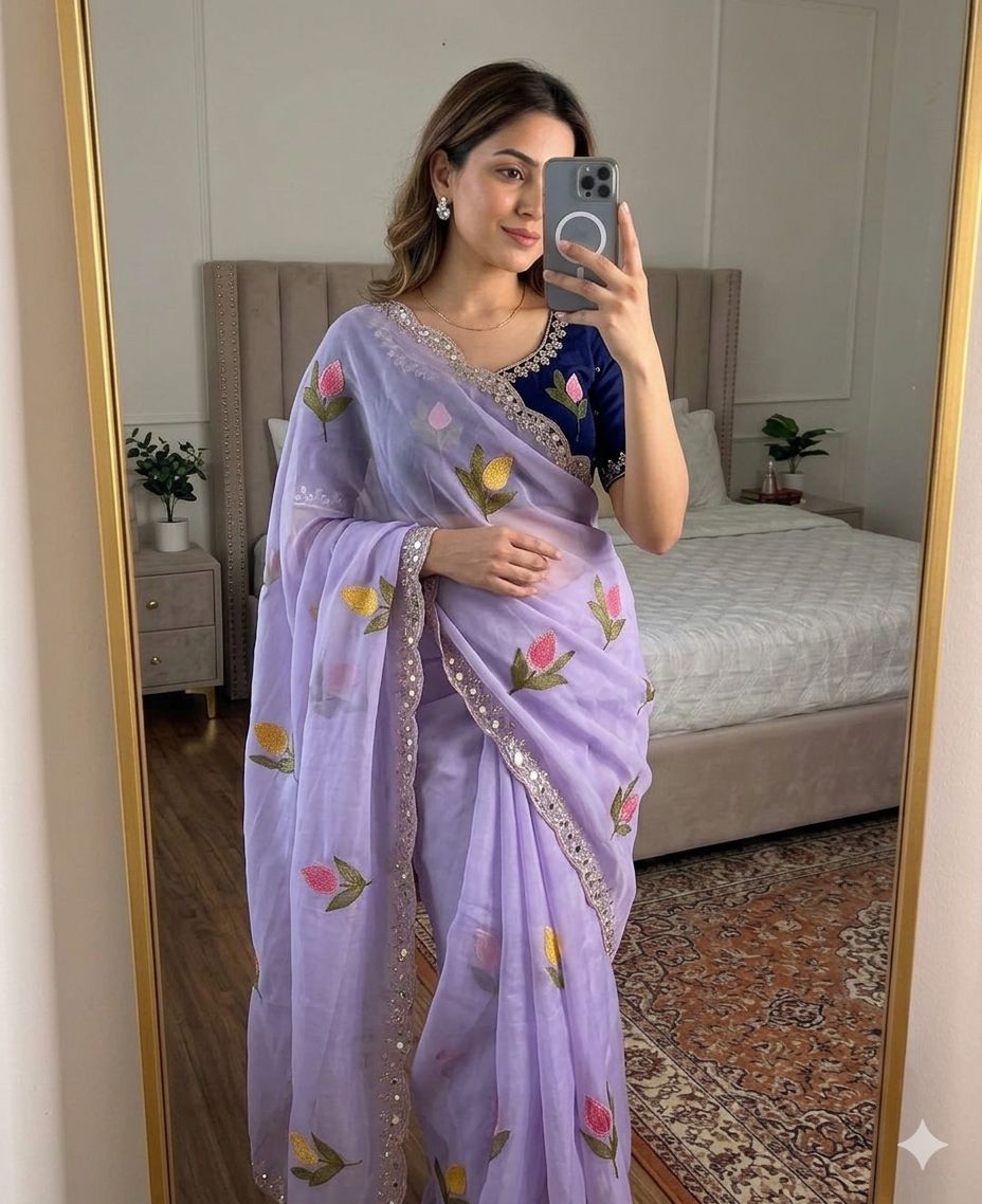 Lavander Rangoli Silk Saree With Embroidery