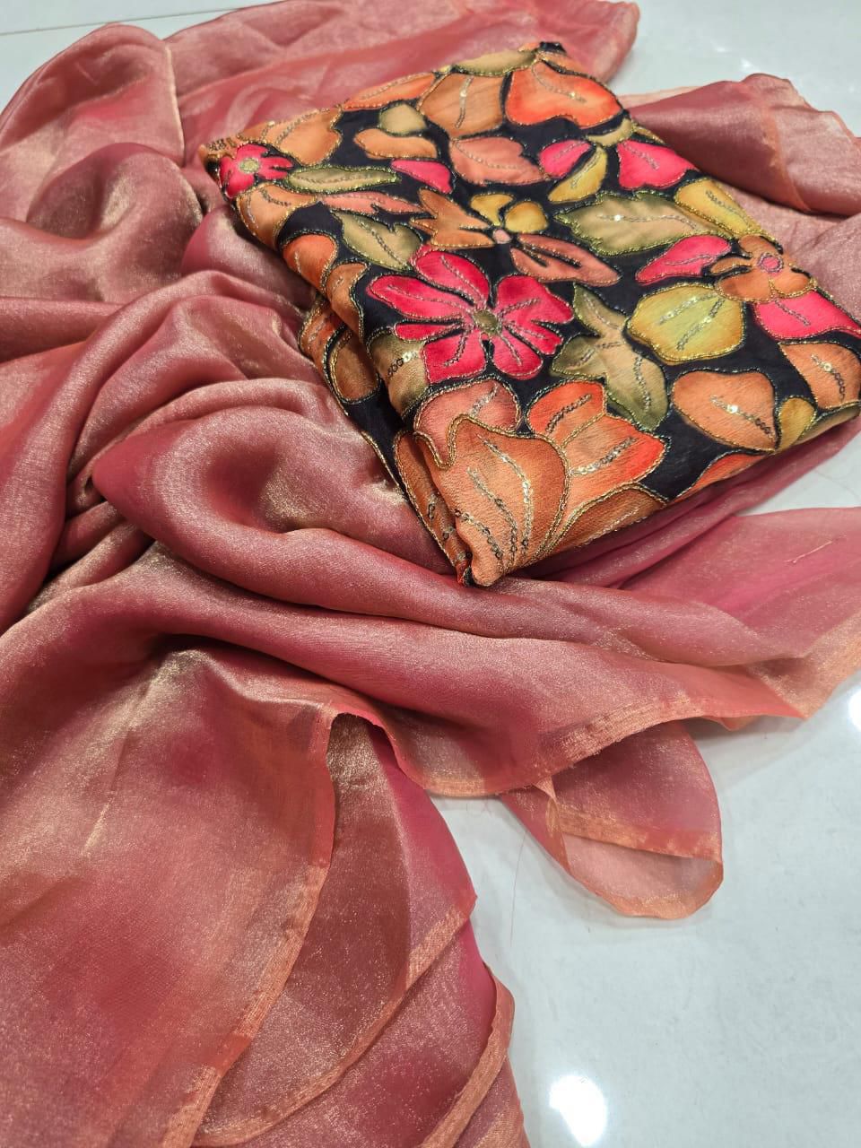 Peach Fendy Sattin Saree Postion Digital Print Blouse