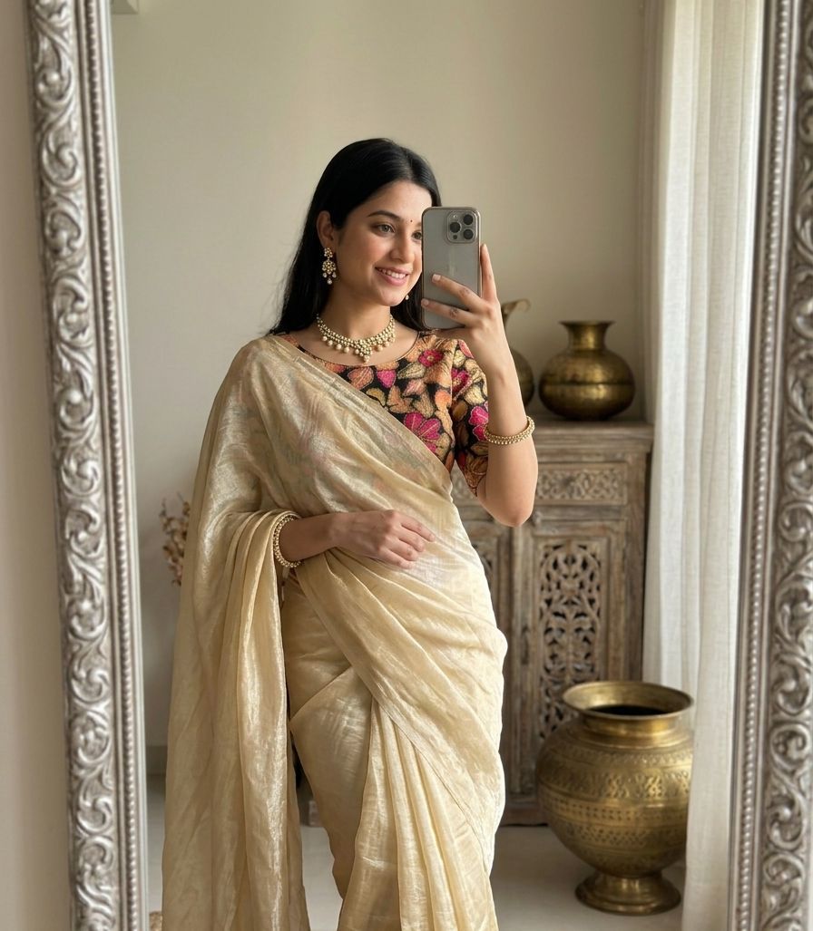 Beige Fendy Sattin Saree Postion Digital Print Blouse