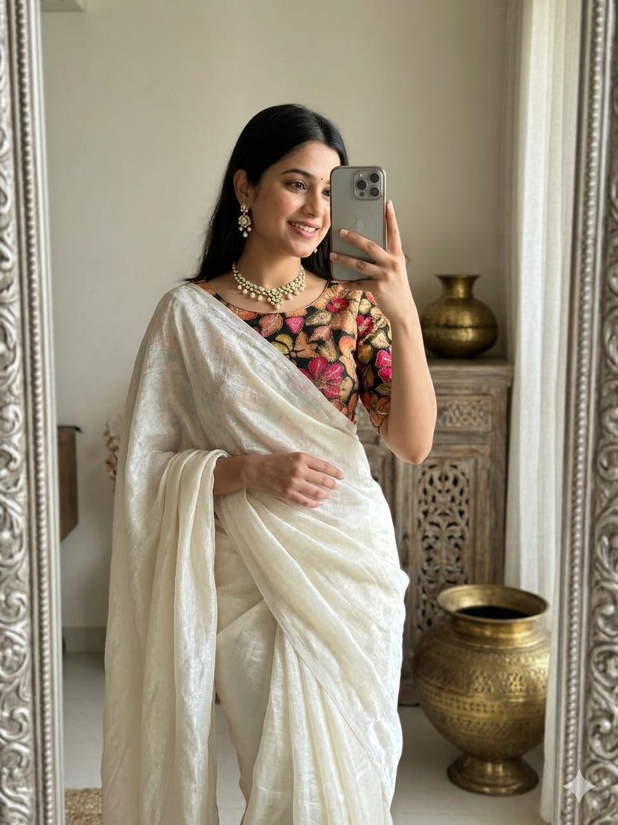 White Fendy Sattin Saree Postion Digital Print Blouse