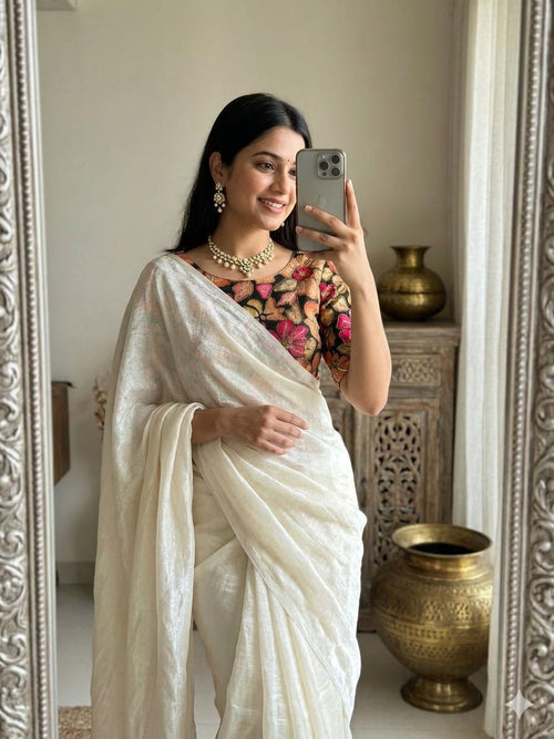 White Fendy Sattin Saree Postion Digital Print Blouse
