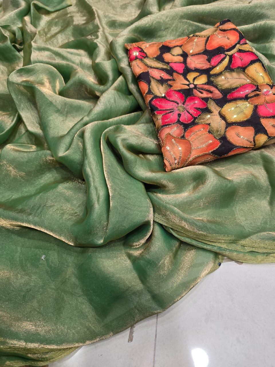 Mint Green Fendy Sattin Saree Postion Digital Print Blouse