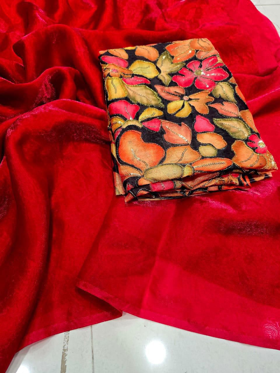 Red Fendy Sattin Saree Postion Digital Print Blouse