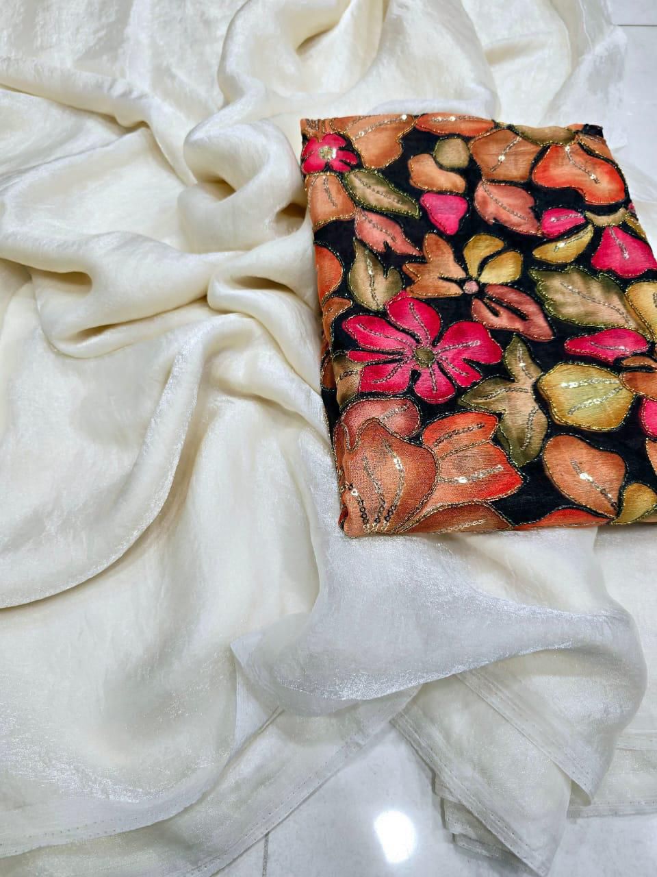 White Fendy Sattin Saree Postion Digital Print Blouse