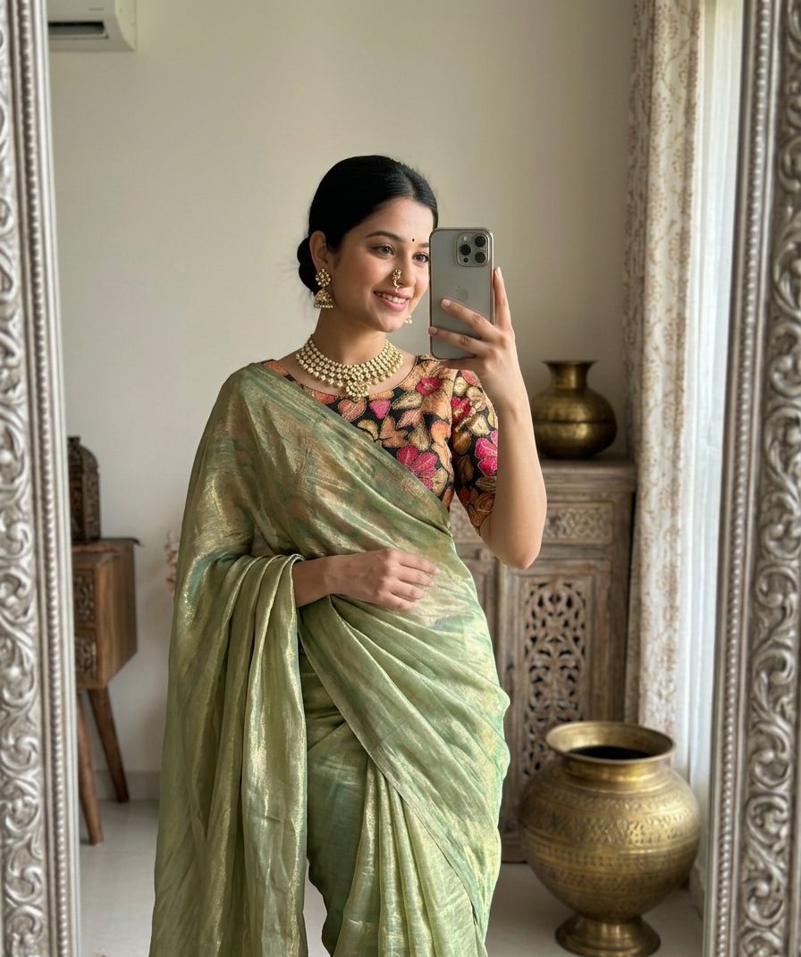 Mint Green Fendy Sattin Saree Postion Digital Print Blouse