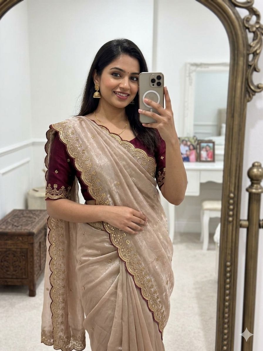 Beige Fendy Sattin Sequence Work Saree