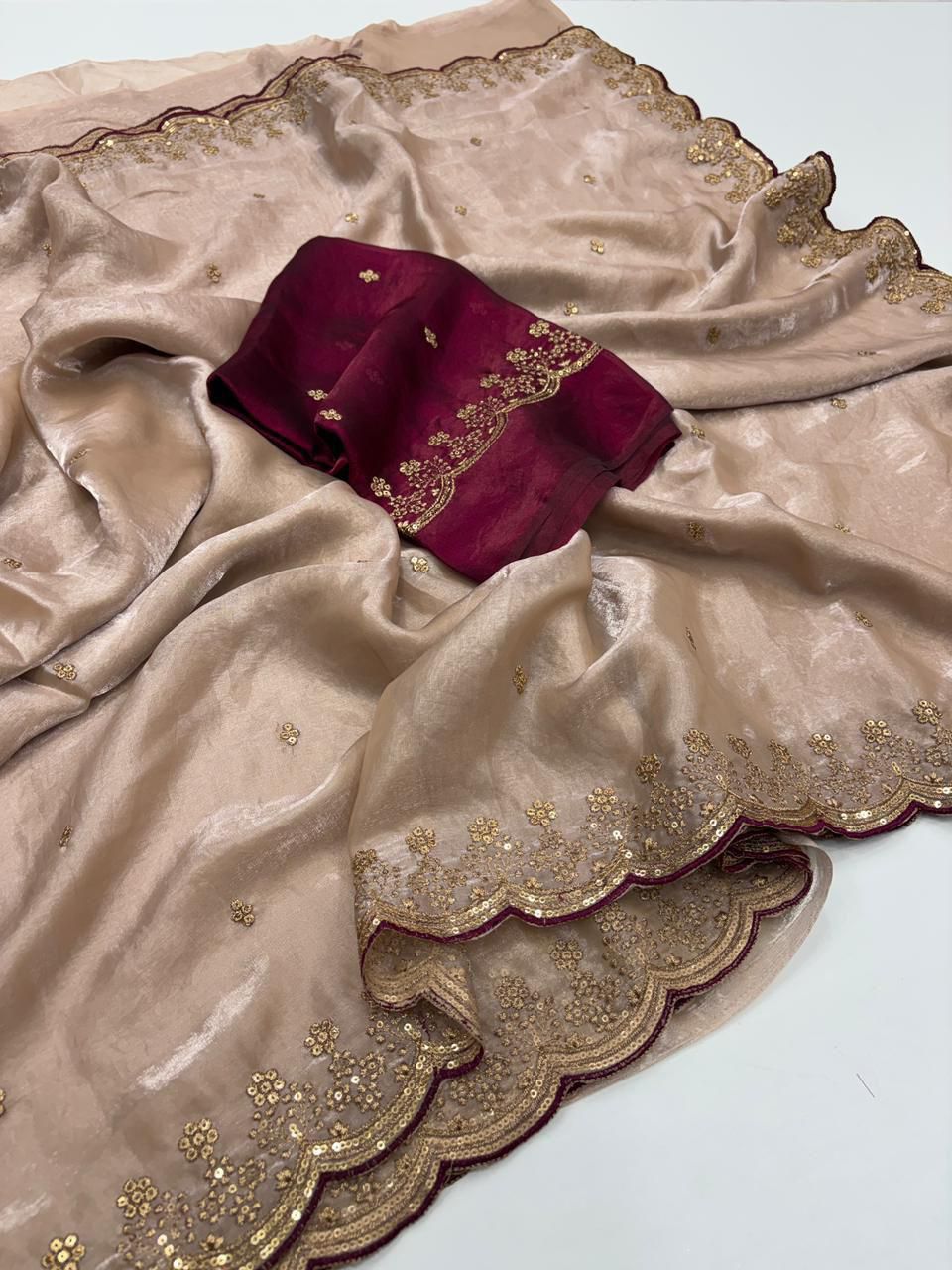 Beige Fendy Sattin Sequence Work Saree