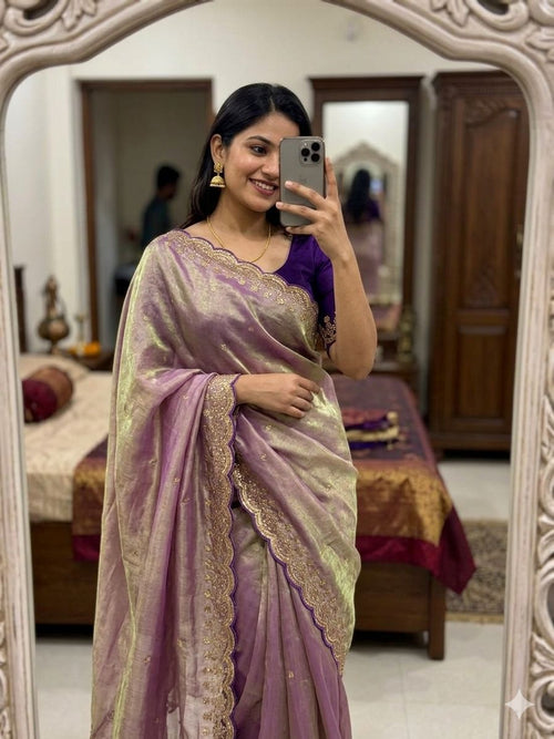 Lilac Fendy Sattin Sequence Work Saree