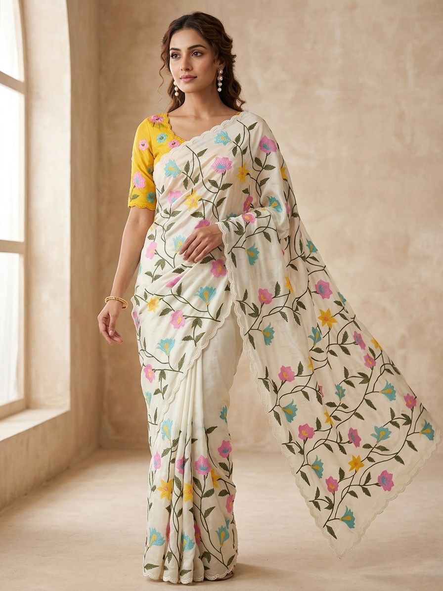 Off-White Soft Rangoli silk saree with embroidery work